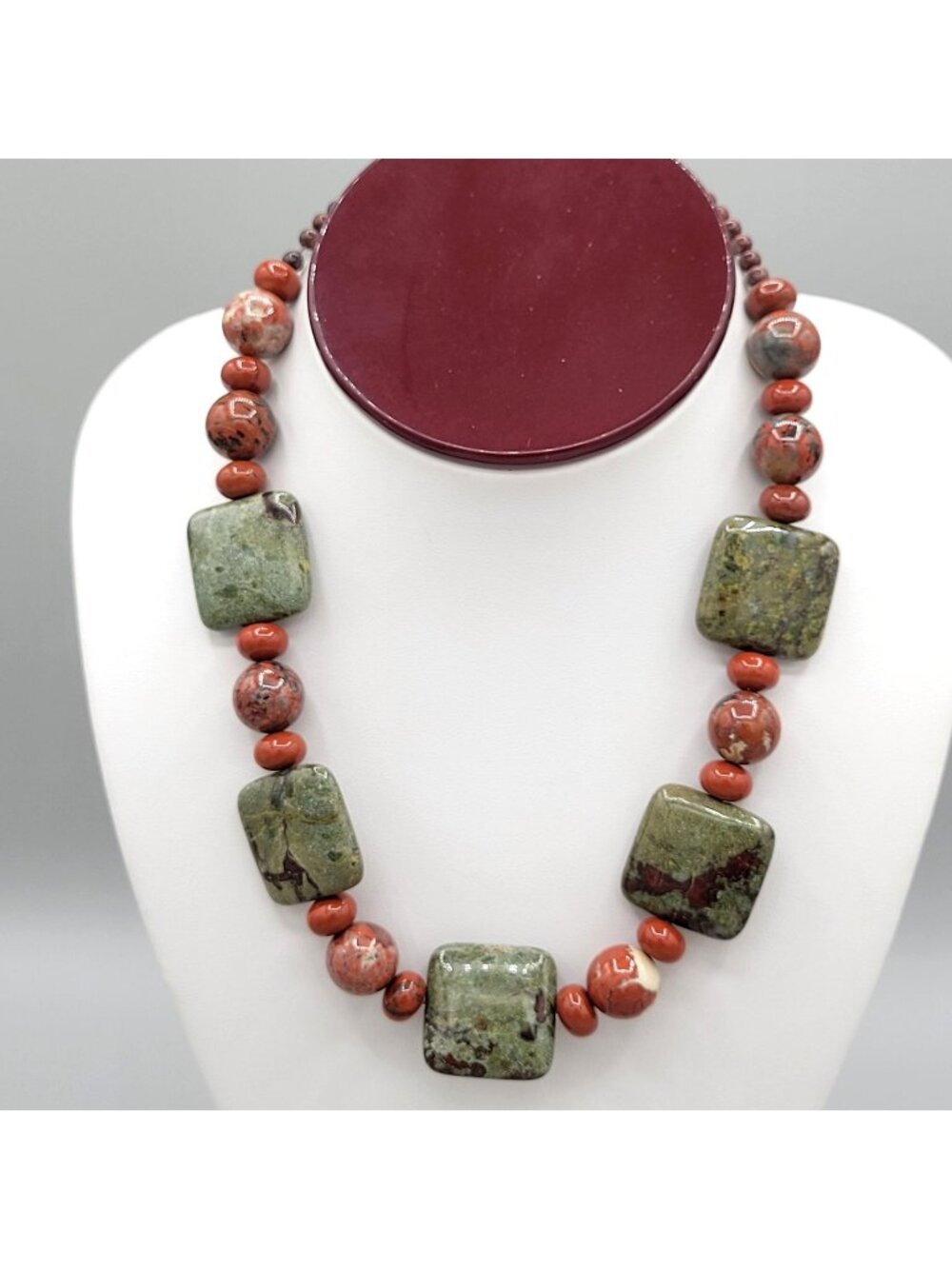 Handcrafted Necklace With Green Flat Unakite Stones Red Jasper Beads 16 inches